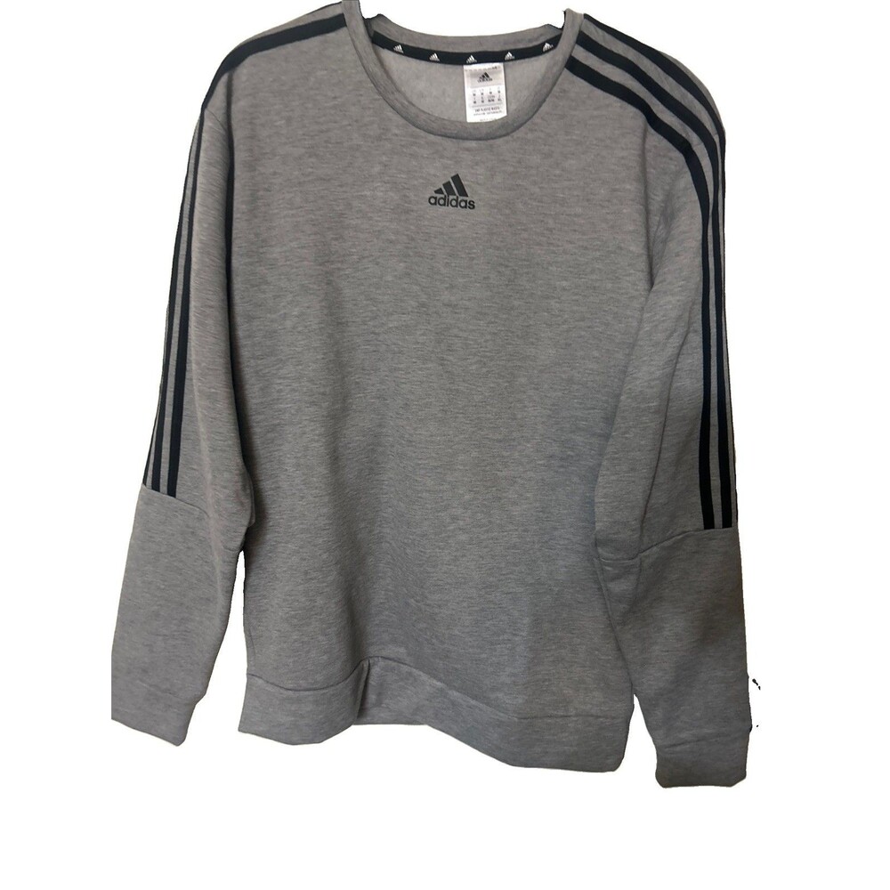 Adidas Essentials 3 Stripes Mens M Fleece Gray Sweatshirt Long Sleeves Crew Neck